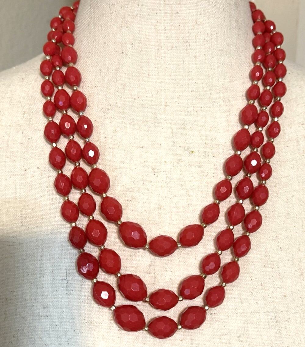 Vintage Necklace Red Lucite Bead Triple Strand Statement Hong Kong 24"
